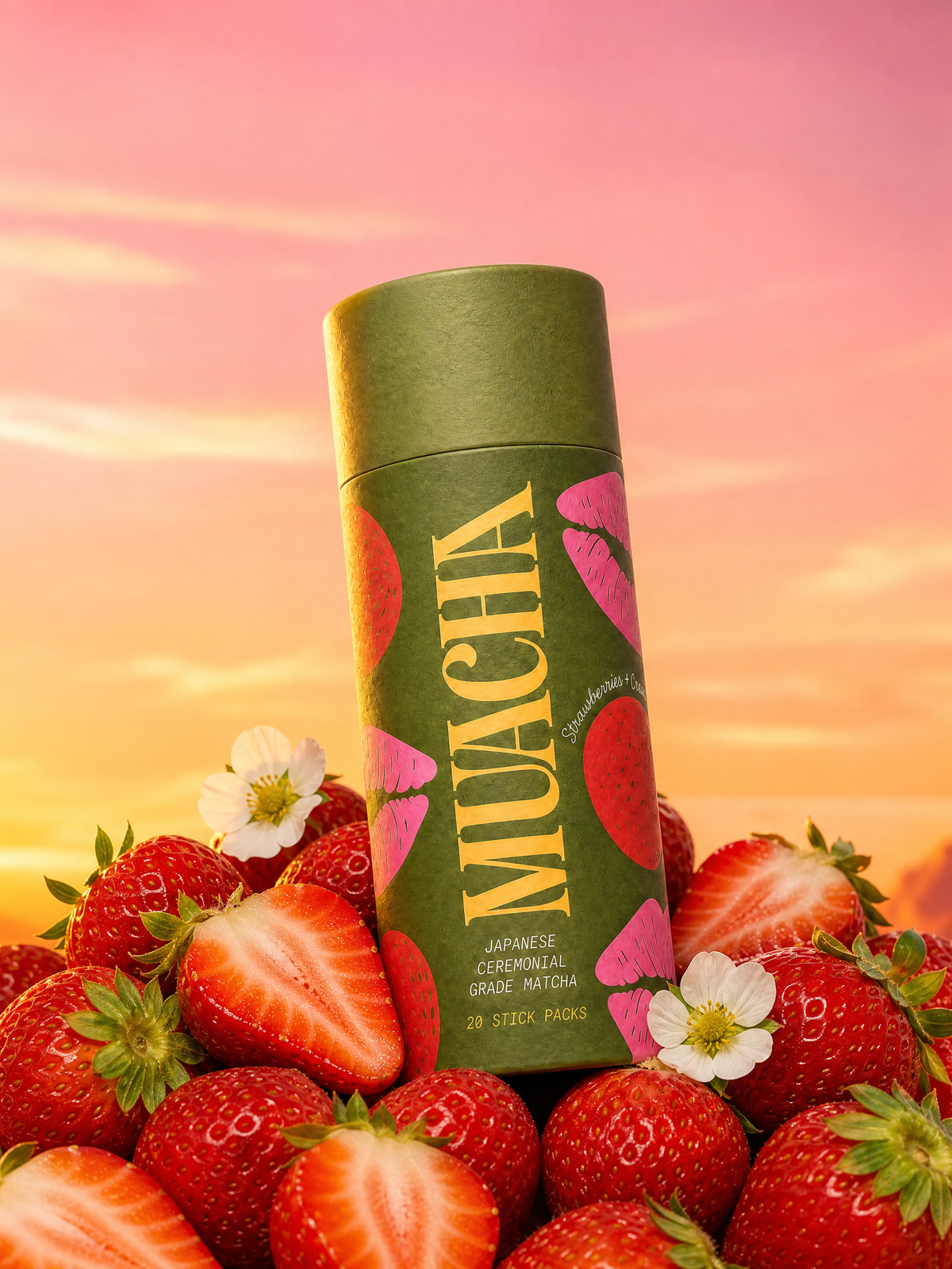 Muacha Strawberries & Cream matcha tube on fresh strawberries at sunset