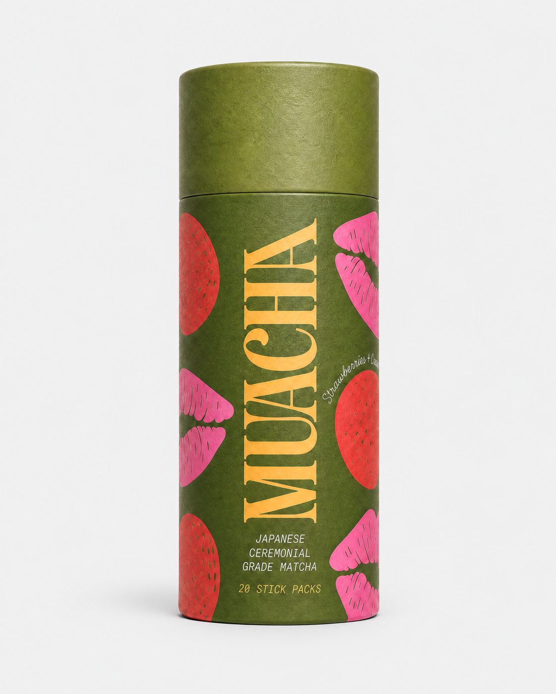 Muacha Strawberries & Cream ceremonial matcha tube, 20 single serve stick packs, the first flavored matcha stick