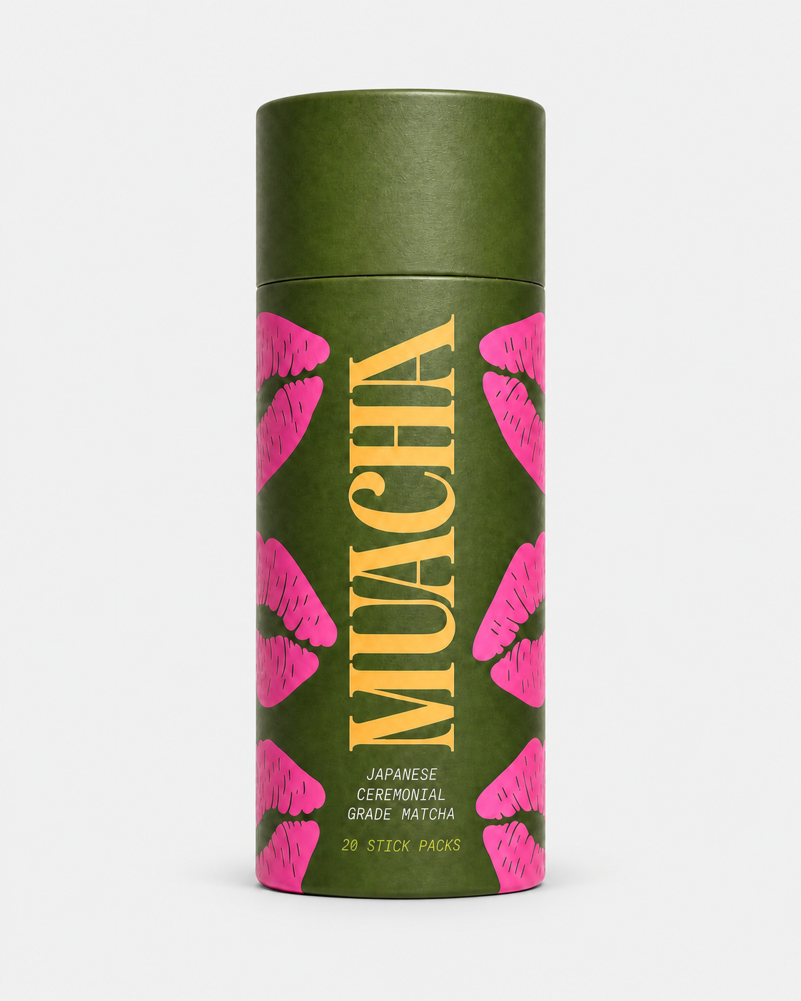 Muacha Classic ceremonial grade matcha tube, 20 single serve stick packs, green with pink lips