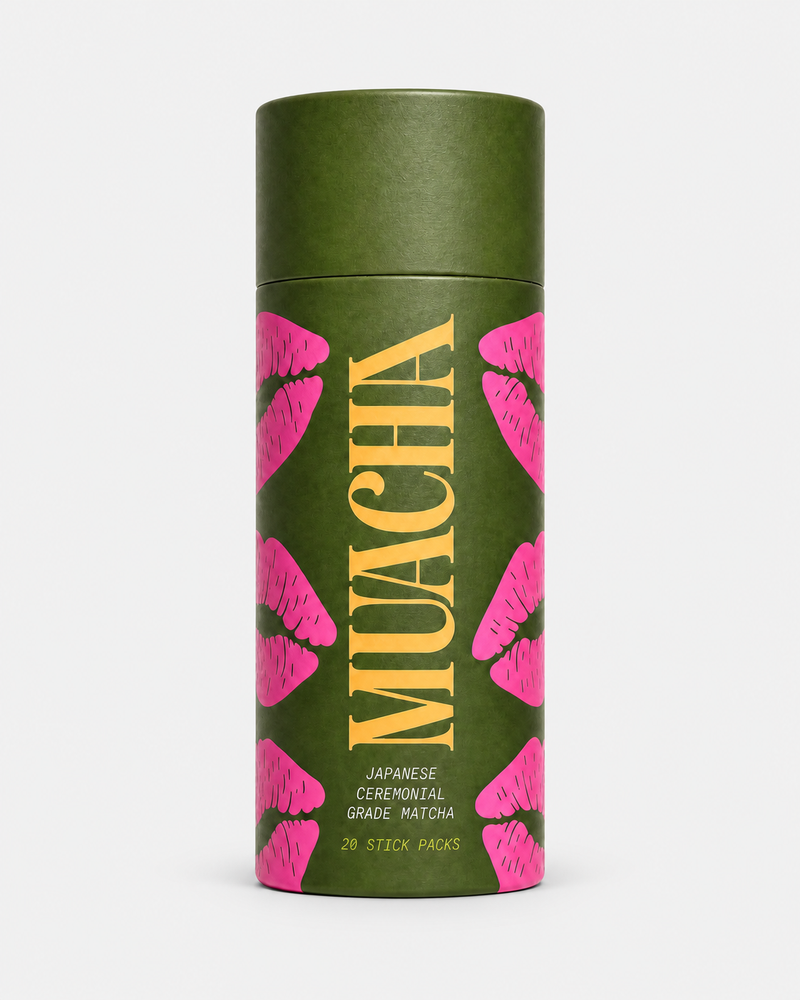Muacha Classic ceremonial grade matcha tube, 20 single serve stick packs, green with pink lips