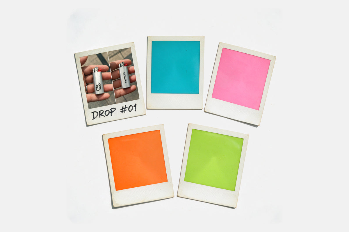 Five polaroids: Drop #01 with two Muacha lighters, and four colour cards for drops to come