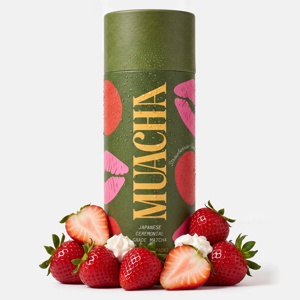 Strawberries & Cream Matcha tube with fresh strawberries and cream