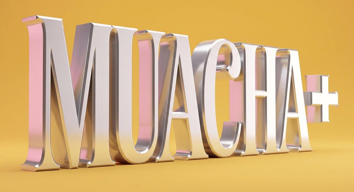 Muacha+ in chrome 3D letters on a yellow backdrop